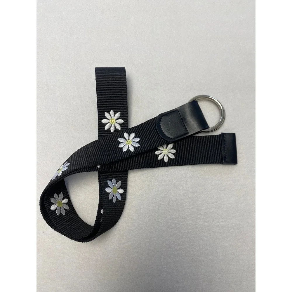 Womens Black‎ Daisy Embroidered Web Belt Silver D Ring Size Large